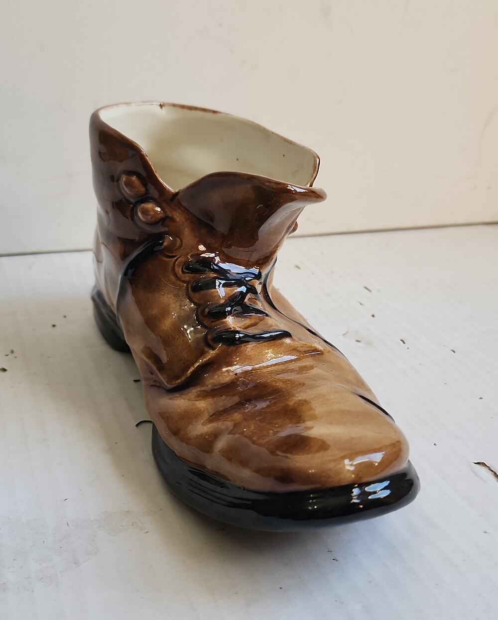 Vntg Boot Glazed Planter Vase Large Life Size 10 Inch Brown Ceramic Shoe Storage